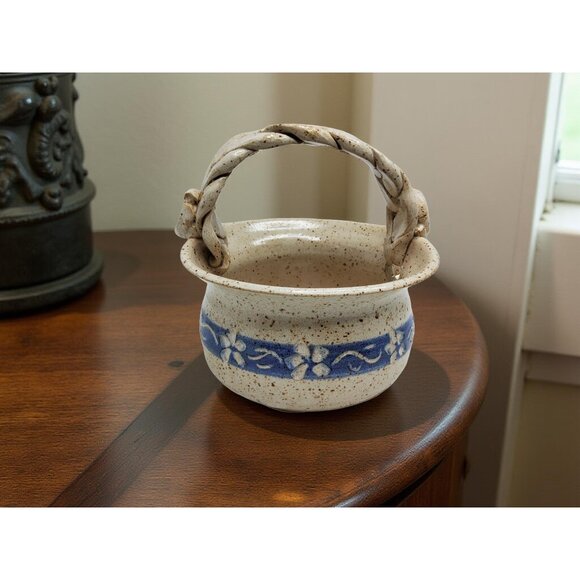 vintage 1991 handmade clay fired braided handle art pottery signed basket plante - Picture 2 of 12